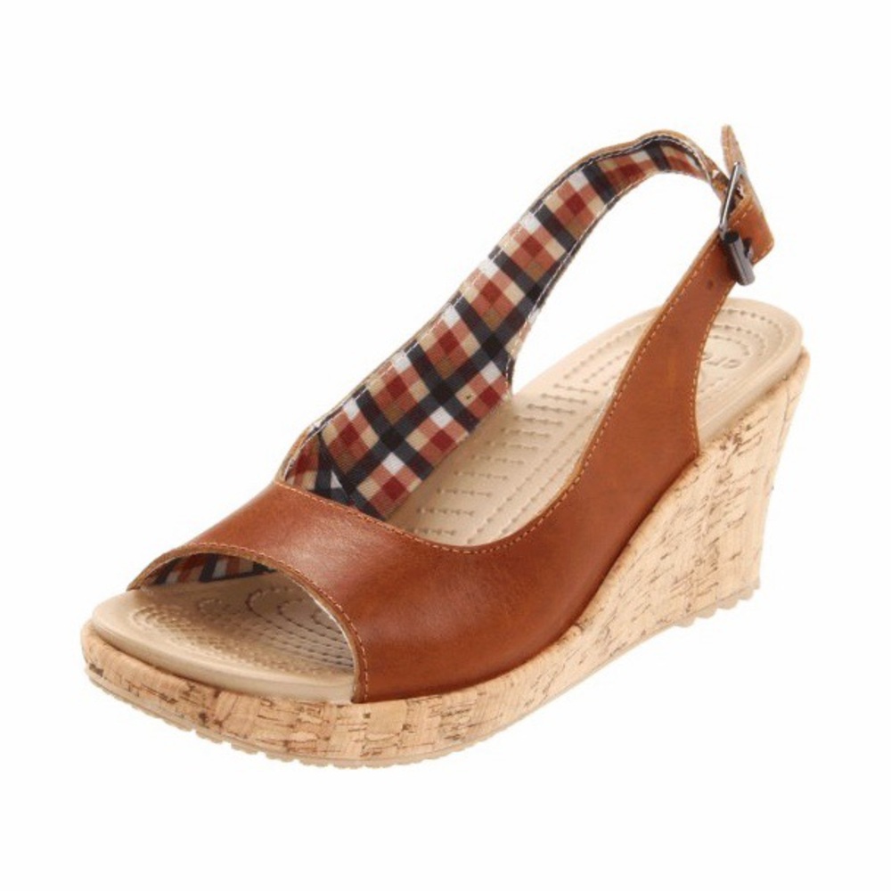 CROCS A Leigh Brown Leather Slingback Cork Wedge Sandal Size 7 W